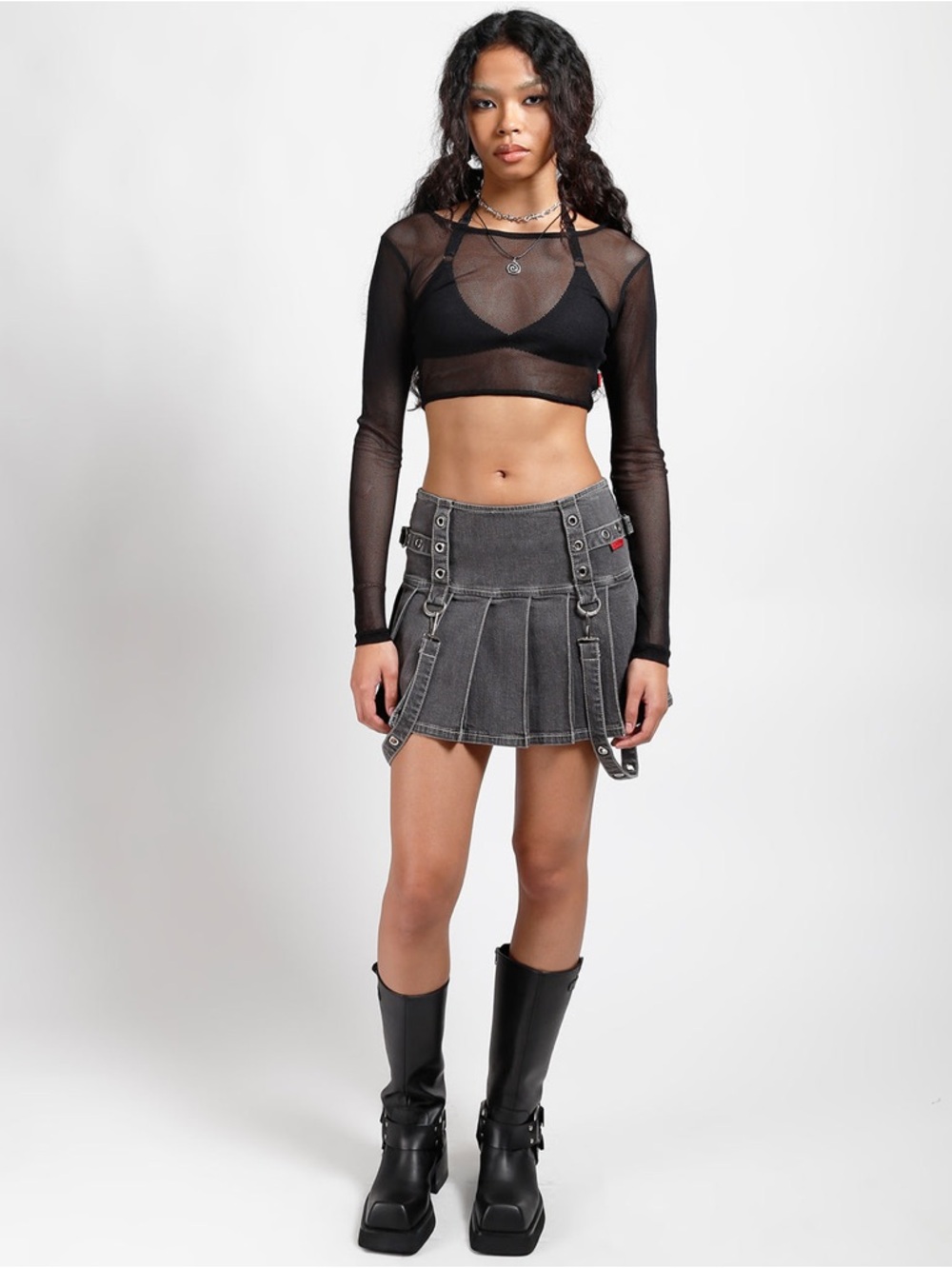 Tripp NYC Pleated Grommet Bondage Skirt S Black Denim Punk Y2K